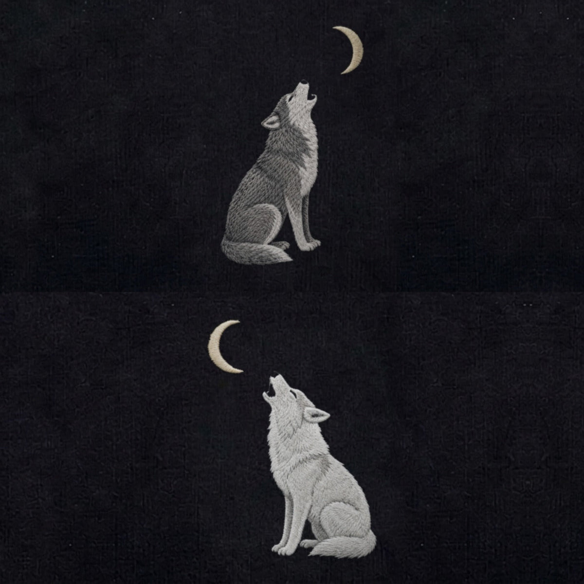 Duo Loups et lune : broderie de près
