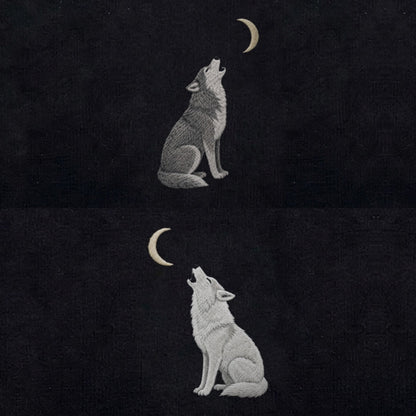 Duo Loups et lune : broderie de près
