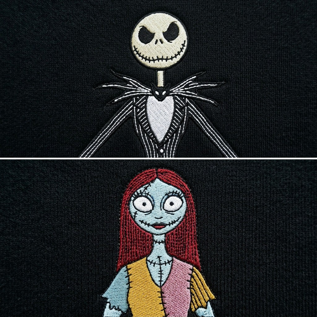 Duo Mr Jack et Sally : broderie de près