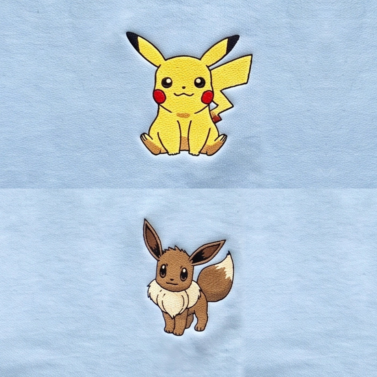 Duo Pikachu et Évoli : broderie de près