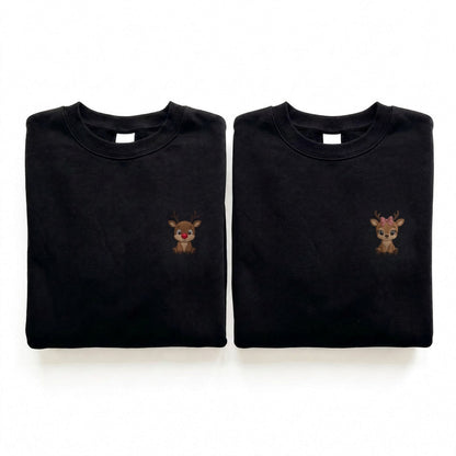 Duo Rennes de Noël au nez rouge : vêtements brodés assortis