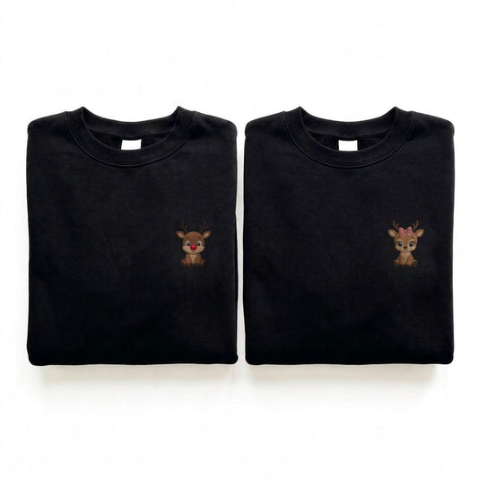Duo Rennes de Noël au nez rouge : vêtements brodés assortis
