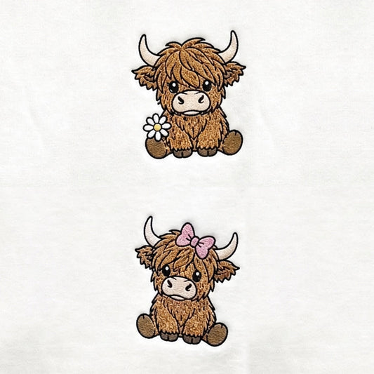 Duo Vaches highland : broderie de près