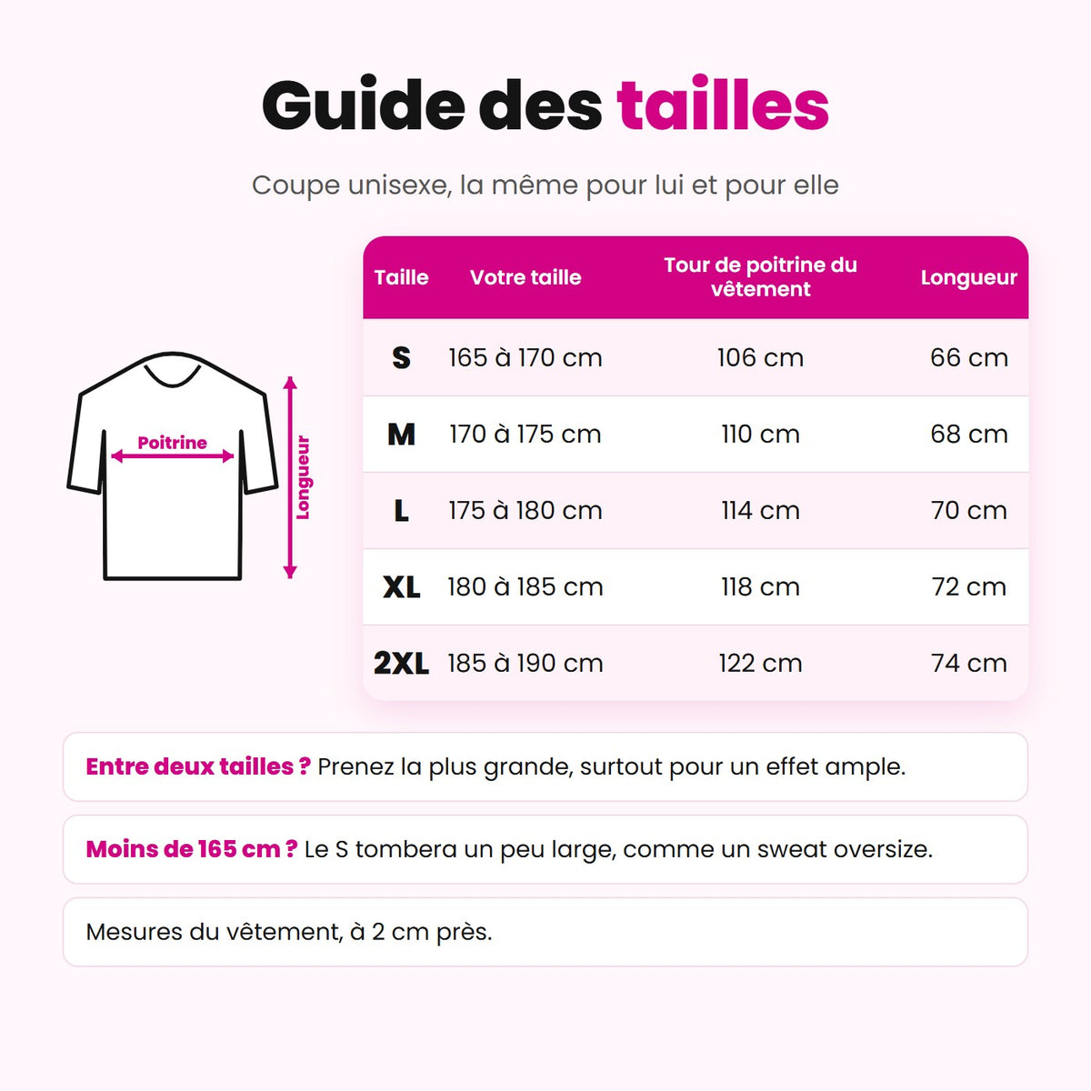 Guide des tailles HelloCustom : S à 2XL, tour de poitrine et longueur