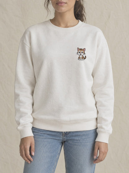 Broderie Chat sur le pull blanc, côté cœur
