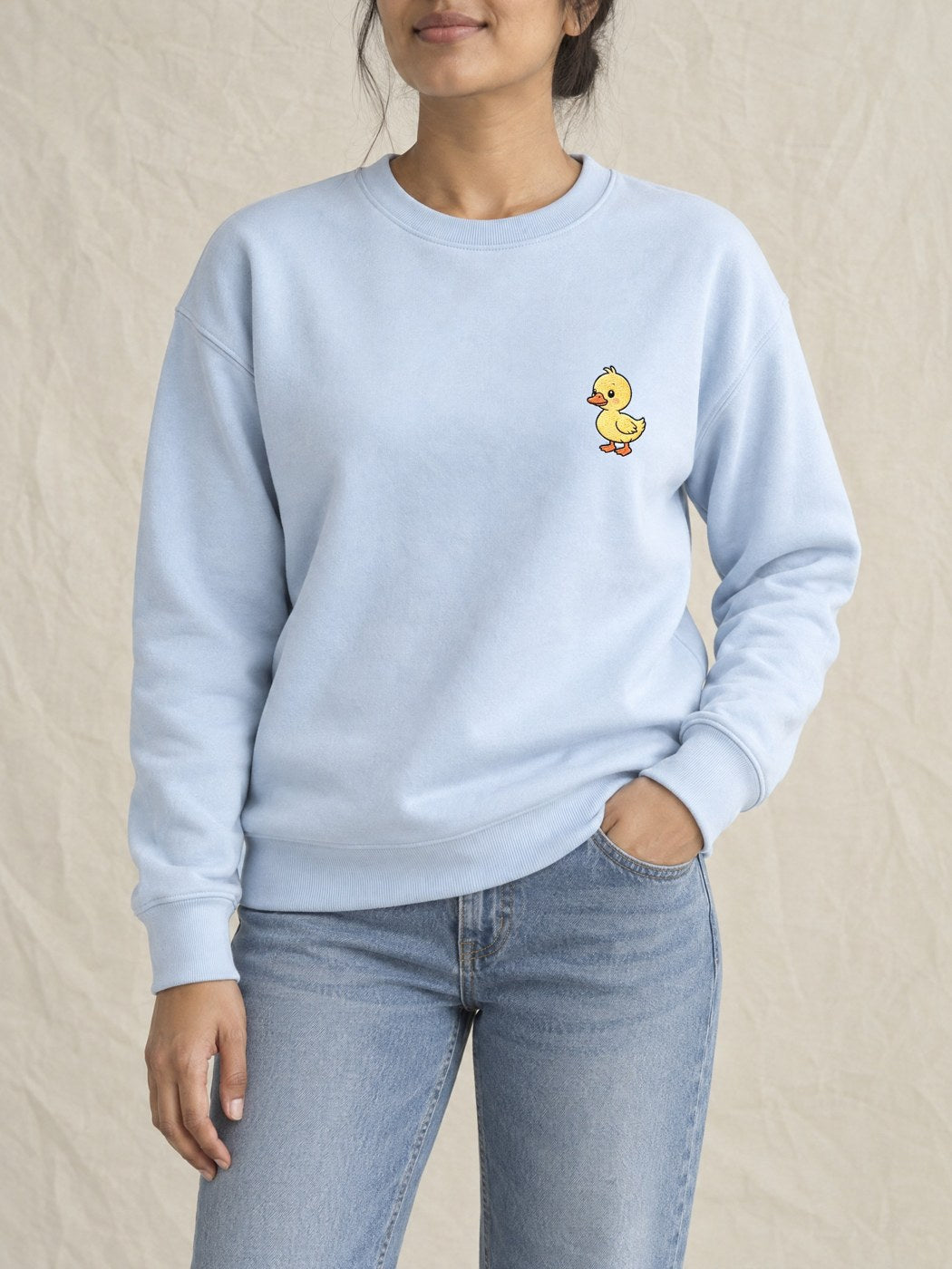 Broderie Canard sur le pull bleu ciel, côté cœur