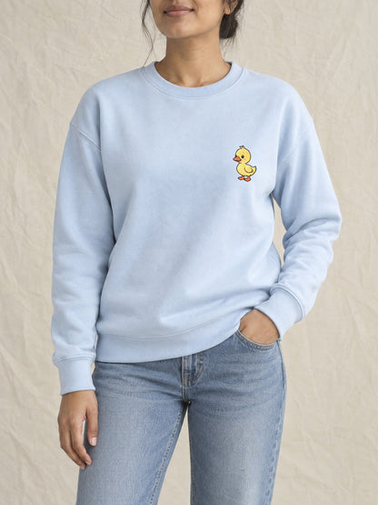 Broderie Canard sur le pull bleu ciel, côté cœur