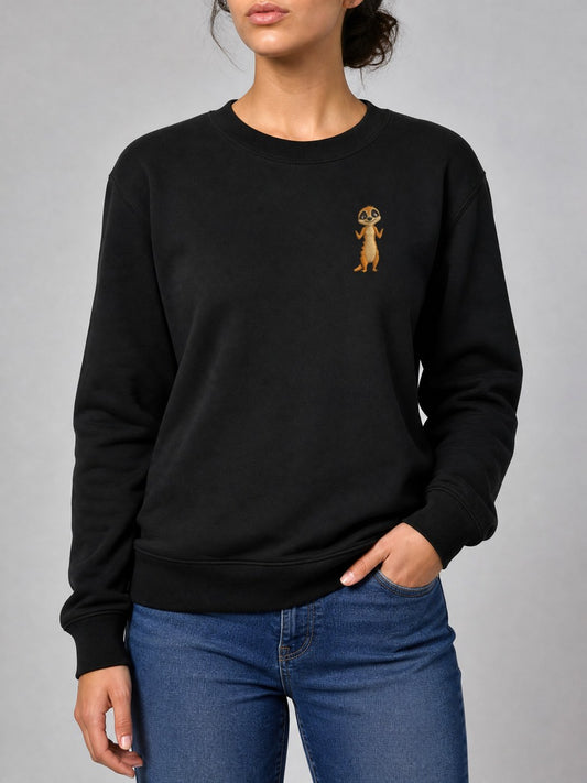 Broderie Suricate sur le pull noir, côté cœur
